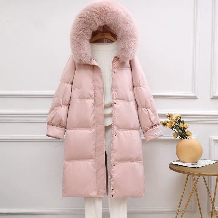 Down Jacket Women's Mid-length Big Fur Collar Korean Fashion Loose Thick Over-knee Winter Hooded Jacket Tide