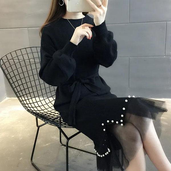 Women's Autumn and Winter Mid-length Half High Collar Pearl Two-piece Sweater Solid Color Mesh Splicing Belt Knitted Dress