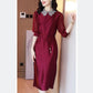Plus Size M-XXXXL Summer Silky Satin Ladies Dress Over-the-knee Stand-collar Dress Free Belts of The Same Color