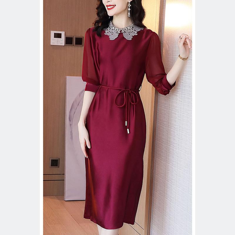 Plus Size M-XXXXL Summer Silky Satin Ladies Dress Over-the-knee Stand-collar Dress Free Belts of The Same Color