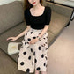 Classic French Suit Women's White Polka Dot Dress Square Collar Black Short-sleeved Top Big Swing A-line Skirt Two-piece Set