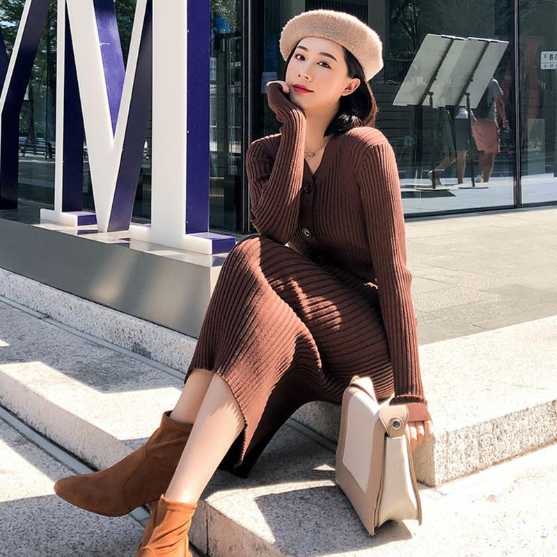 Autumn and Winter Fashion Padded Sweater Skirt Mid-length Over The Knee V-neck Knitted Dress Slim Inner Base Bag Hip Skirt