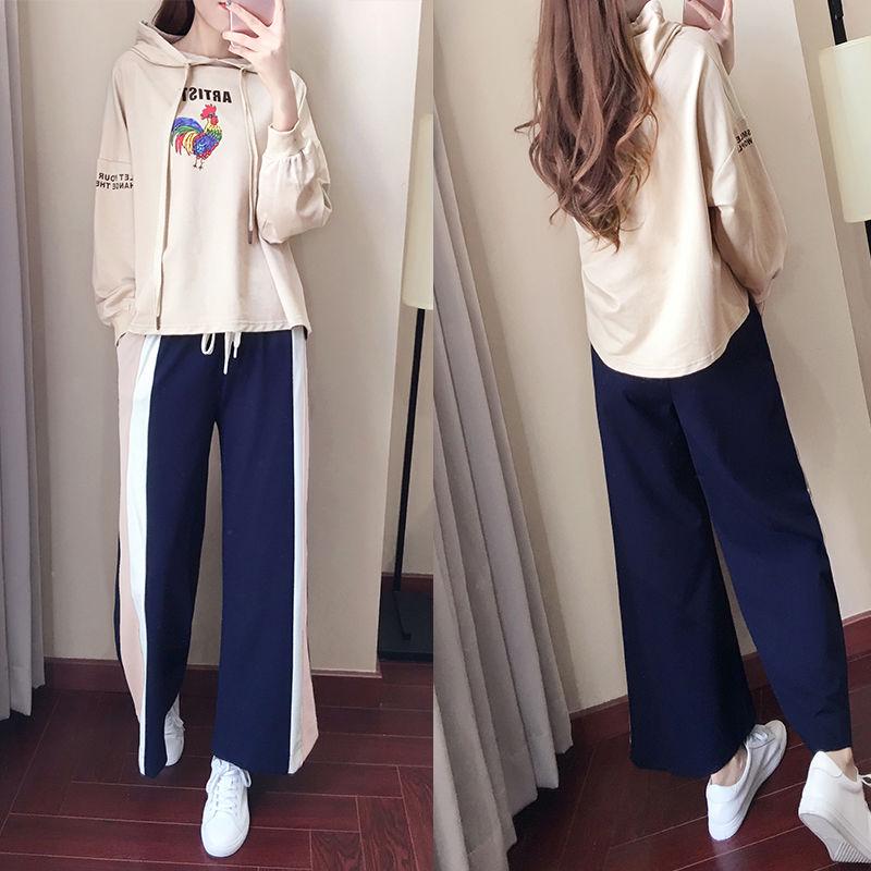 Two pcs set wild long-sleeved casual sweatshirt set large size spring and autumn women's clothing