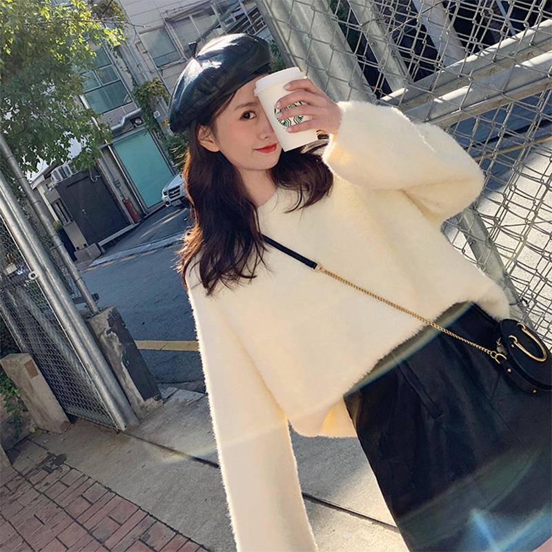Pofulove Mink Wool Sweater Female Students Loose Autumn Thickened Pullover Knitted Bottoming Shirt