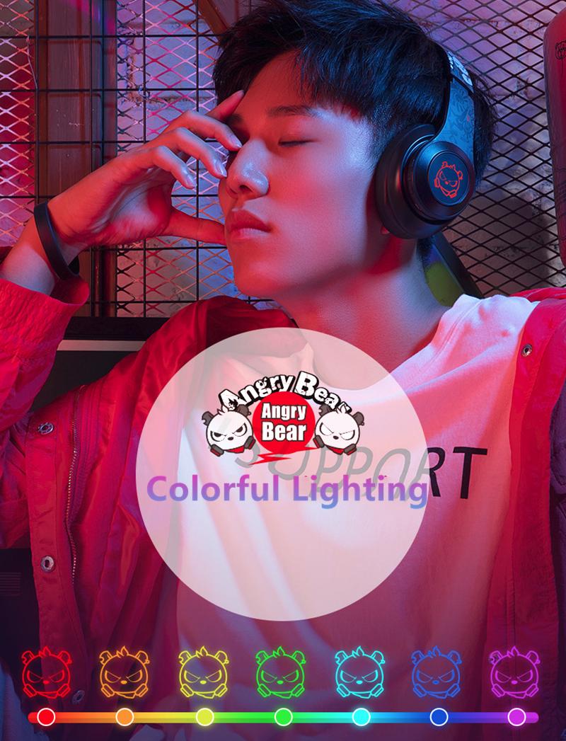 Angry Bear LED Colorful Lights Gaming Headset Wireless Bluetooth 5.0 Headphones with MIC Mp3 Player