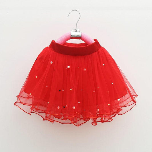 Girl Baby Short Veil Lace Pearl Cute and Sweet Printed Embroidery Ruffle Elastic Waist Children's Skirts Princess Tutu A-line Skirt
