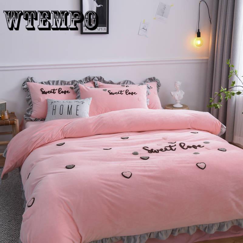 Coral Velvet 4pcs Winter Flannel Thickening Warm Bedclothes Queen King Bedsheets Quilt Cover