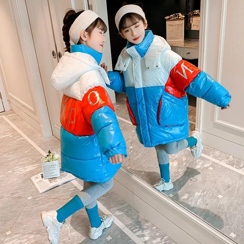 Girls' Warm Cotton Coat Thicken Plus Fleece Windproof Cotton Clothing Mid-length Contrast Stitching Quilted Jacket