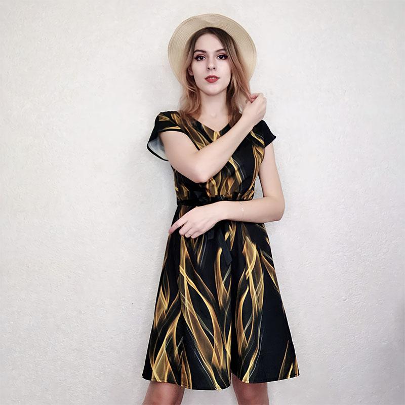 Imitation Silk Dress Female Mid-length Short-sleeved Summer New Style Small Striped Imitation Mulberry Silk Printed Skirt