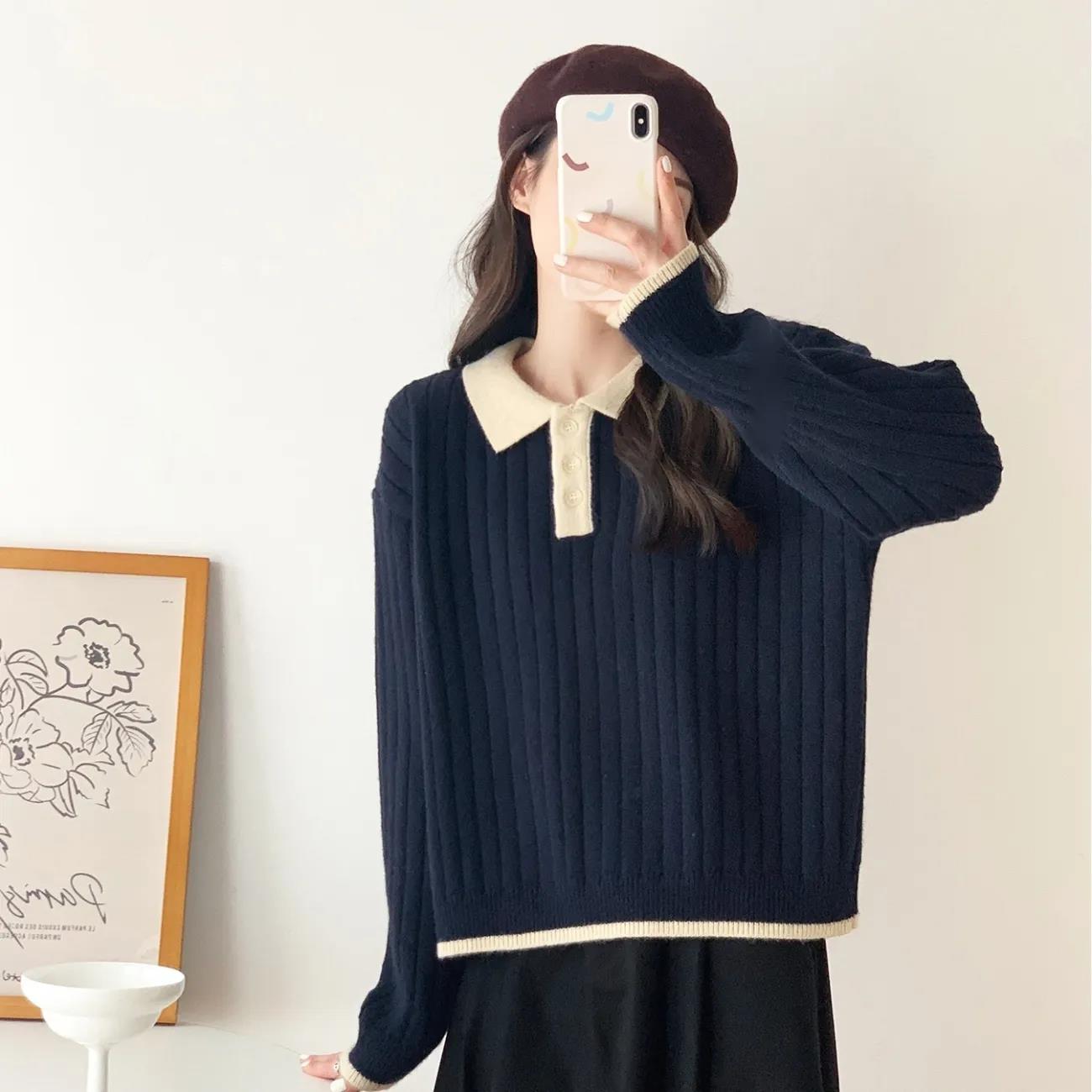 Women's Vertical Striped Solid Color Lapel Pullover Sweater Casual Loose Large Size Mid Length Knit Sweater