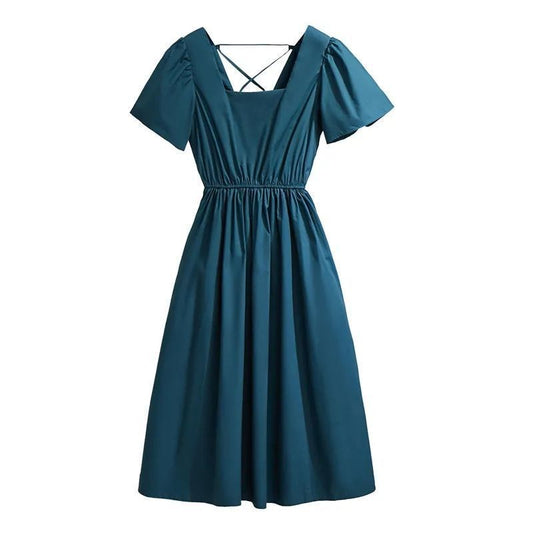 Dress Women's Spring Summer Plus Size Casual Solid Color Dress Square Collar Short Sleeve Open Back Cotton All-match