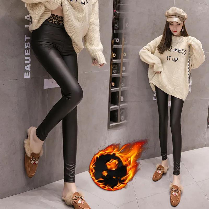 Autumn/winter Leather Pants Women's Outer Wear Thin Velvet Medium-thick Leopard Print Waist  Wide Waist Thinner Large Size Stretch Tights Leggings