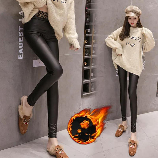 Autumn/winter Leather Pants Women's Outer Wear Thin Velvet Medium-thick Leopard Print Waist  Wide Waist Thinner Large Size Stretch Tights Leggings