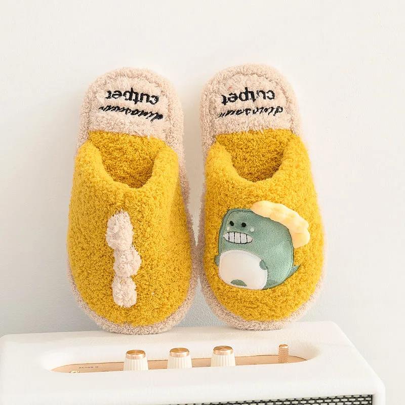 Children's Cotton Slippers Boys Cartoon New 4-10-year-old Boys Autumn and Winter Cute Winter Dinosaur Wool Slippers Parents and Children