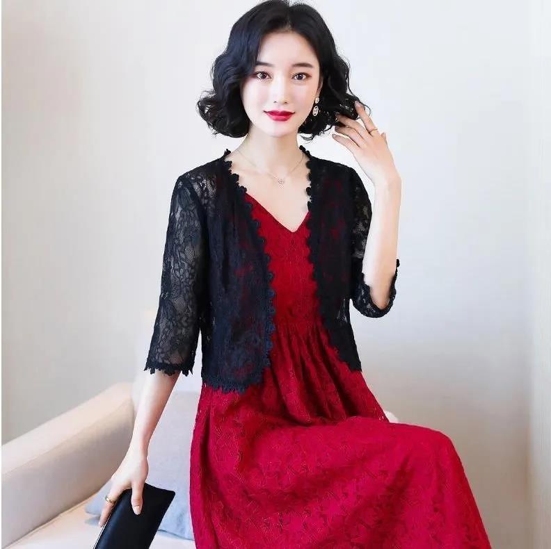 Summer Short Coat Hollow Out Lace Cardigan Women Solid Color Thin Shawl  Sun Protection