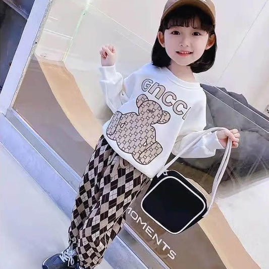 Girls Spring and Autumn Suits Long-sleeved Headband Contrast Printing Casual Suit Baby Plaid Sports Loose and Comfortable Two-piece Suit