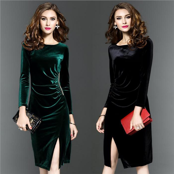 Sexy Gold Velvet Women's Mid-length Round Neck Dress Split Fork Clothing