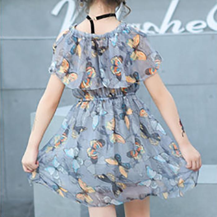 Children's Fashion Dress Girl Casual Off Shoulder Halter Above Knee Dresses Korean Girl's Dress Beach Dress Fold Print Butterfly