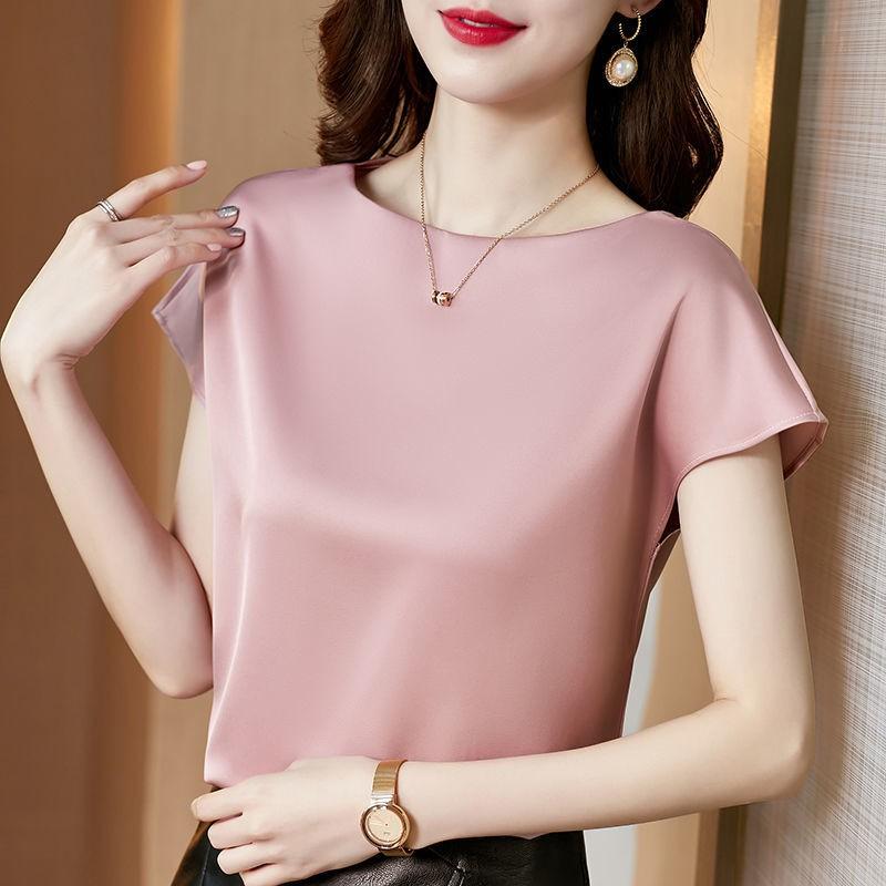 Women Satin Blouse High-end Fashion Short Sleeve Silky Temperament T Shirt Casual Tops