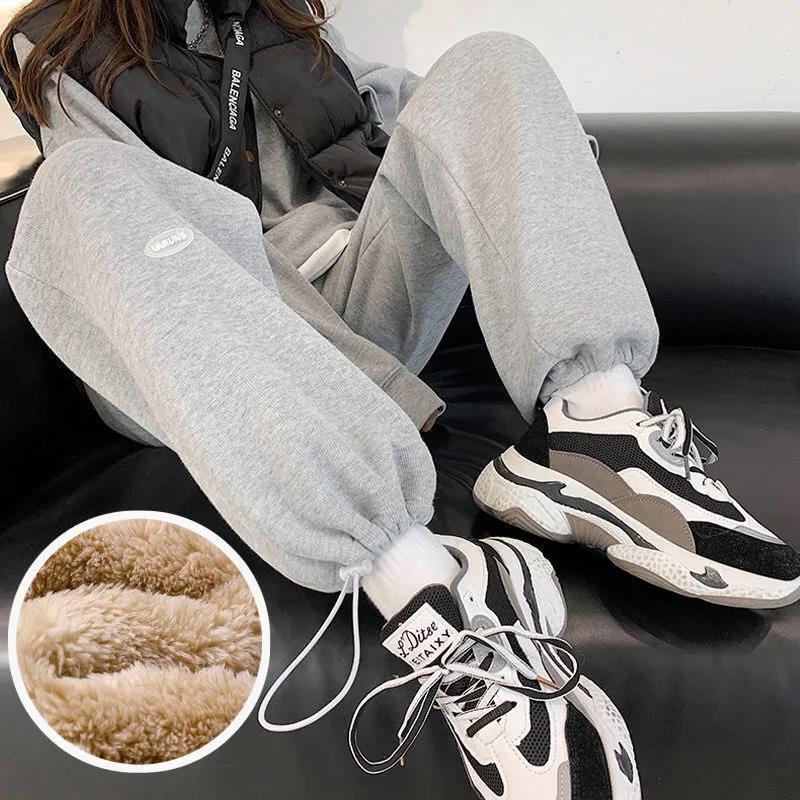 Lamb Velvet Trousers Plus Velvet Thick Sports Pants Women's Winter Loose Warm Trousers with Wide Leg Pants and Outer Cotton Trousers