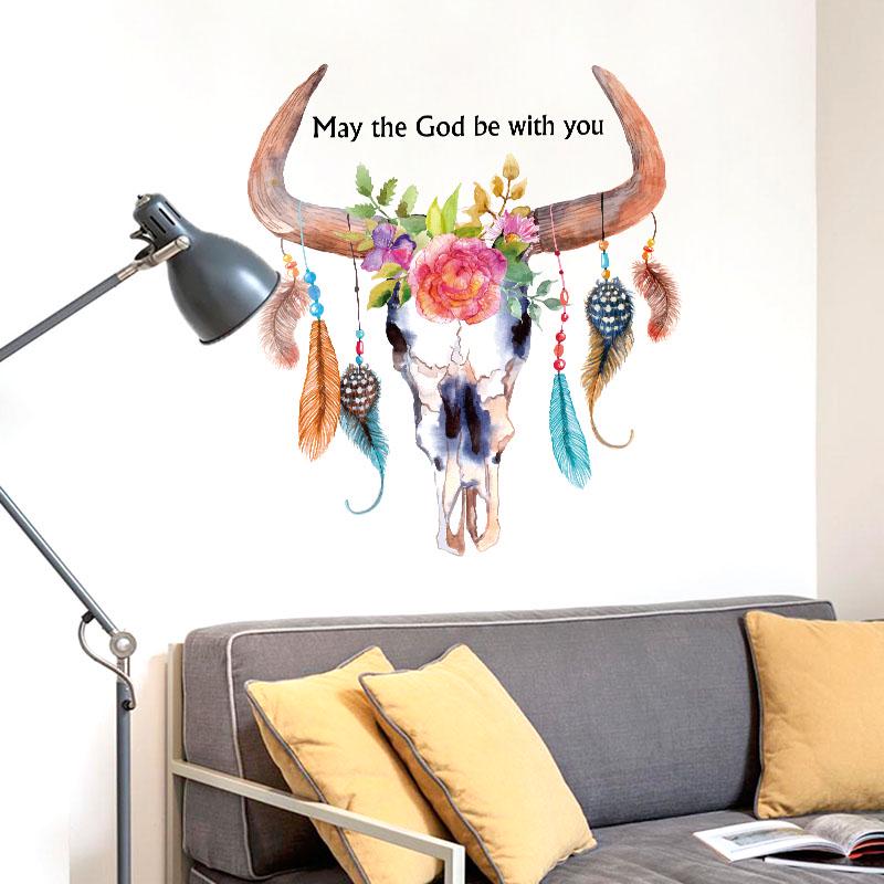 [sticker ]New Cartoon Hand -Painted Horns Feathers Wall Stickers For Kids Rooms Nursery Children De