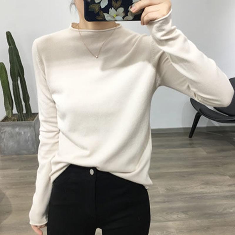 Core Spinning Spring and Autumn Loose Bottoming Shirt Short Long Sleeve Casual Knitted Sweater Women Half High Collar