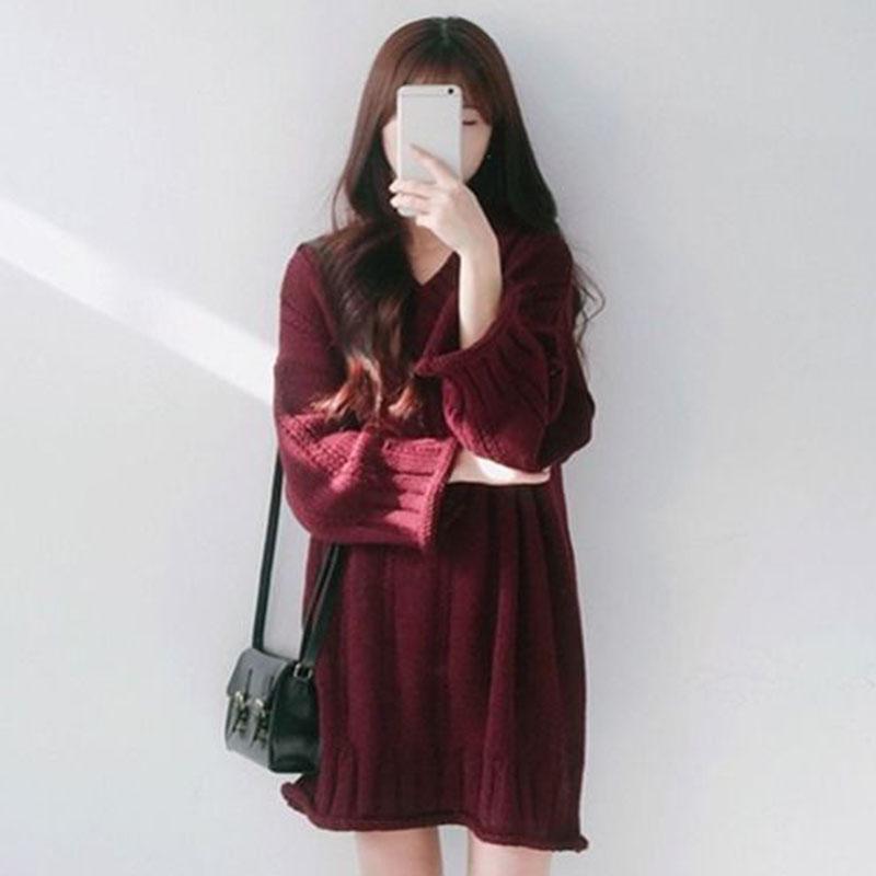 Autumn and Winter Female Student Sweater Fashion Korean Style Simple Coat Loose and Versatile Mid-length Sweater Dress