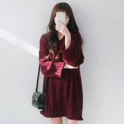 Autumn and Winter Female Student Sweater Fashion Korean Style Simple Coat Loose and Versatile Mid-length Sweater Dress