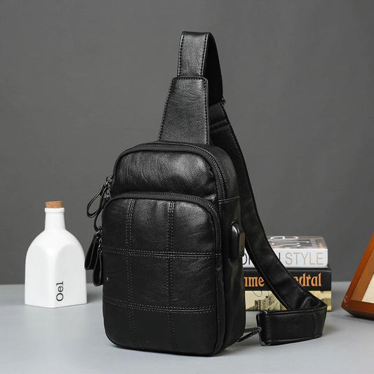 Chest Bag Men Soft Leather Large Capacity Lattice Crossbody Outdoor Sports Fitness Shoulder Bag