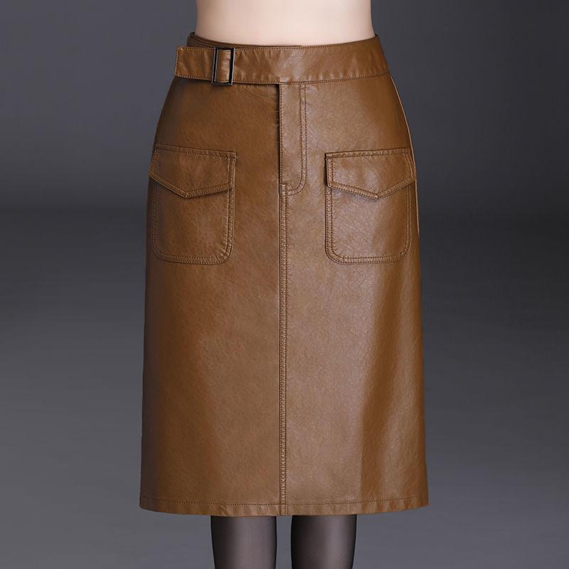 Female Autumn  Winter Leather Skirt High Waist Slim Wrap Skirt PU Leather Knee-length Bodycon Pencil Skirt