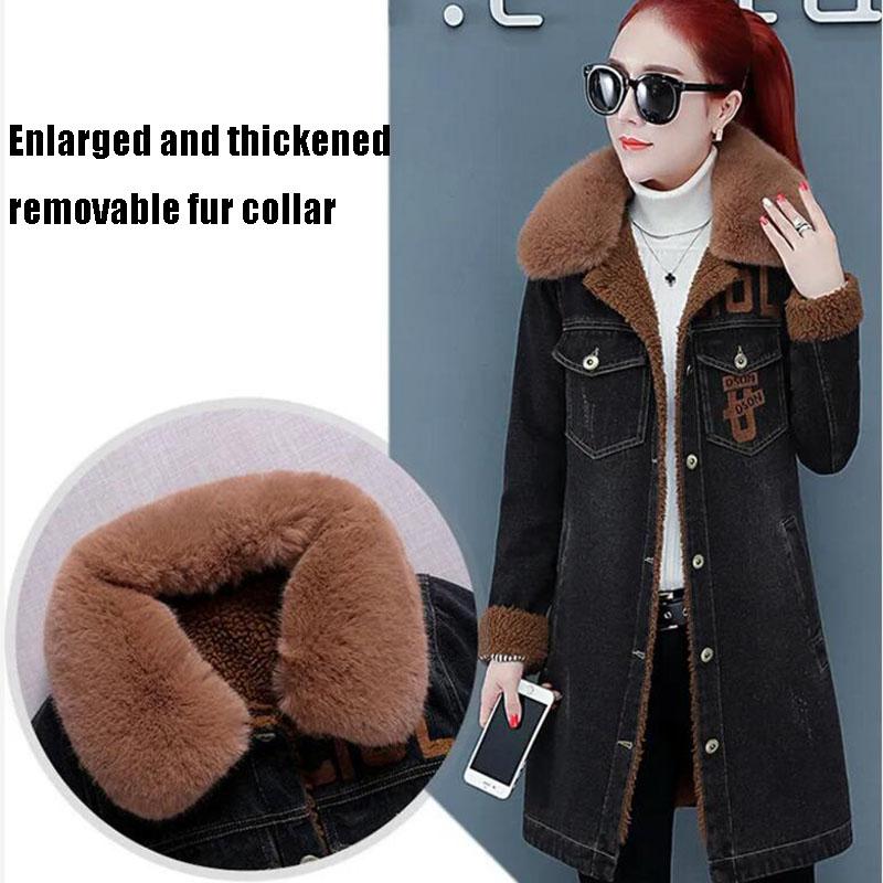 Autumn and Winter Denim Jacket Women Plus Velvet Thickening Slim Mid-length Denim Parka Coat Flocking Overcoat with Detachable Fur Collar