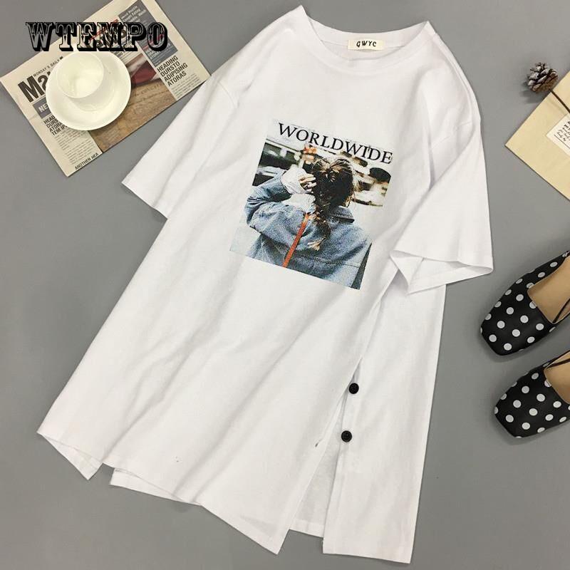 WTEMPO Plus size Print Long T shirts Summer Women Loose Slit Femme Tshirt Short sleeve Ladies t-shir