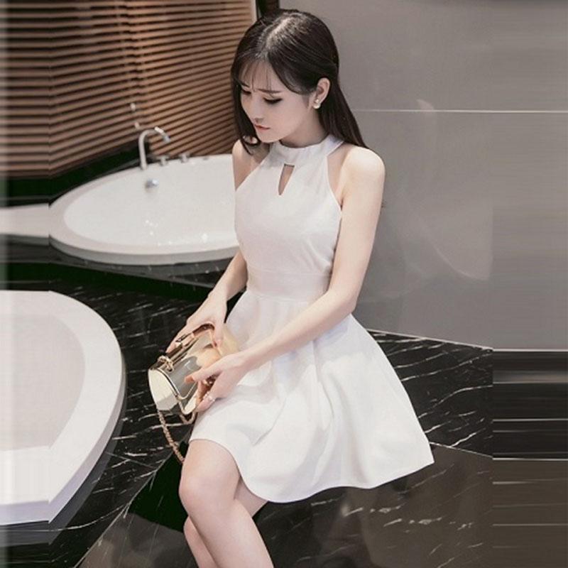 Pofulove Summer off-shoulder sexy halter dress Slim A-line halterneck dress hollow short dress