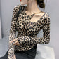 Fashion Irregular Leopard Print Top Women Sexy Hollow Out Shoulder Long Sleeve Top Fashion Large Size Bottoming Shirt