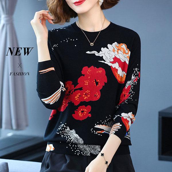 Women's Printed Pullover Sweater Tops Autumn  Winter Long-sleeved Bottoming Sweater Women's High-end Woolen Sweater