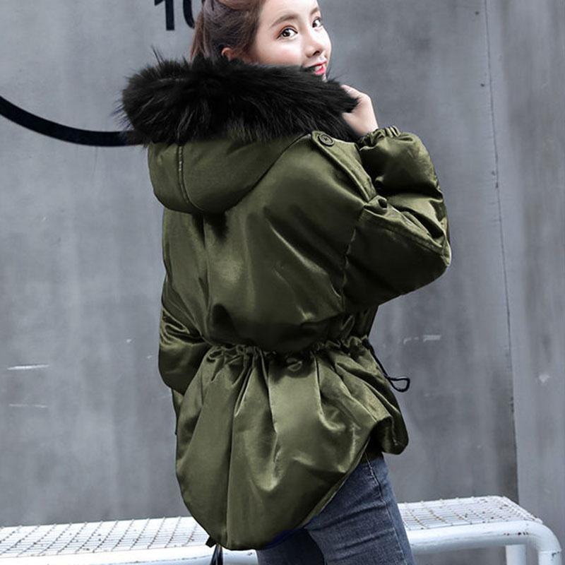 Autumn Winter Women's Cotton Jacket Hooded Parkas with Fur Collar Casual Drawstring Thick Shiny Winter Jacket
