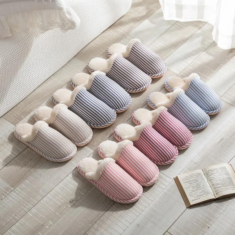 Autumn and Winter Pure Cotton Slippers Striped Design Indoor Non-slip Soft-soled Shoes Warm Simple Plush Cotton Shoes