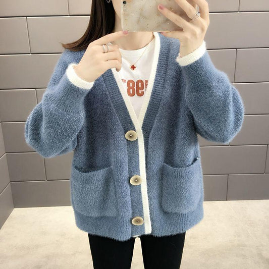 Autumn and Winter Mohair Loose Sweater Casual Knitted Cardigan Jacket Simple Thread Female Jacket