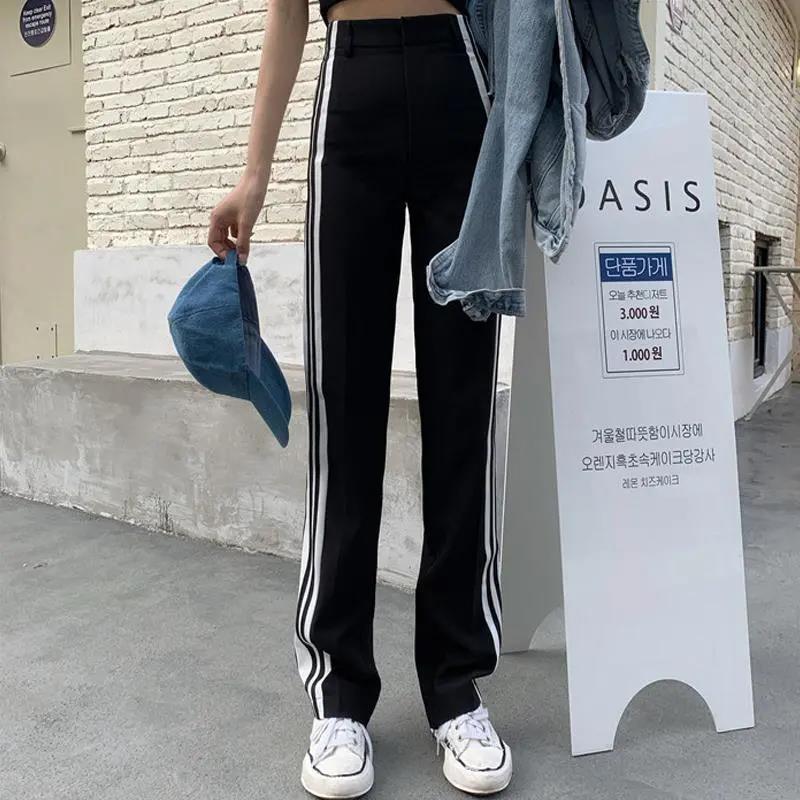 Hong Kong Style High Waist Casual Sports Wide-leg Pants Striped Wild Loose Straight Mopping Trousers Women