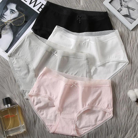 3pc Pure Cotton Panties Ladies Mid Waist Sexy Lace Comfortable Breathable Seamless Triangle