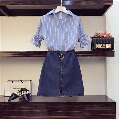 Pofulove 2 Piece Skirt Set Women Summer Half Sleeve Striped Shirt Denim Skirt Two Piece Set for Work