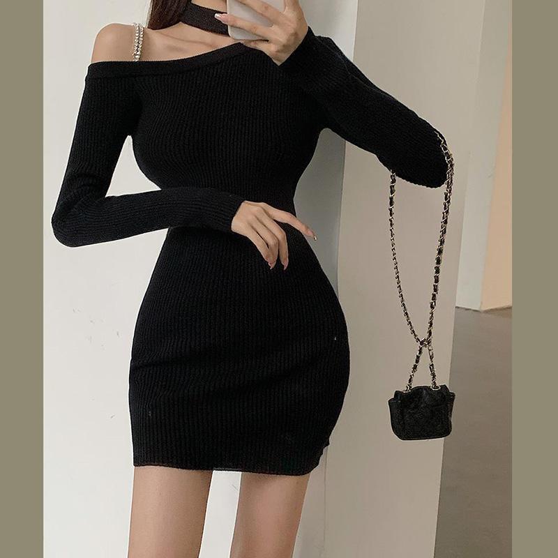 WTEMPOWomen Sexy Hollow Out Strapless Temptation Slim Long Sleeve Split Snap Tight Nightclub Bar Dress