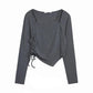 Short Solid Color Long Sleeve T-Shirt Female Student Drawstring Sling Long Sleeve Top Women