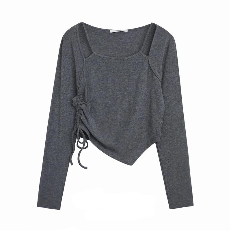 Short Solid Color Long Sleeve T-Shirt Female Student Drawstring Sling Long Sleeve Top Women
