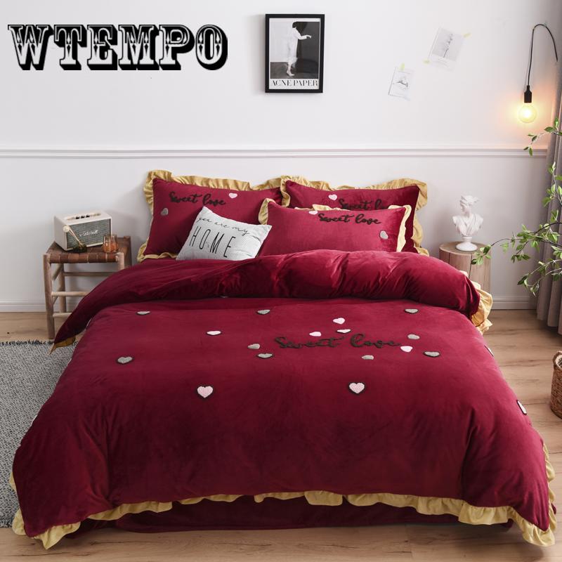 WTEMPO Winter Bedding Sets Pink Heart Duvet Cover Flannel Fleece Pillowcases 4Pcs Home Bed Linens