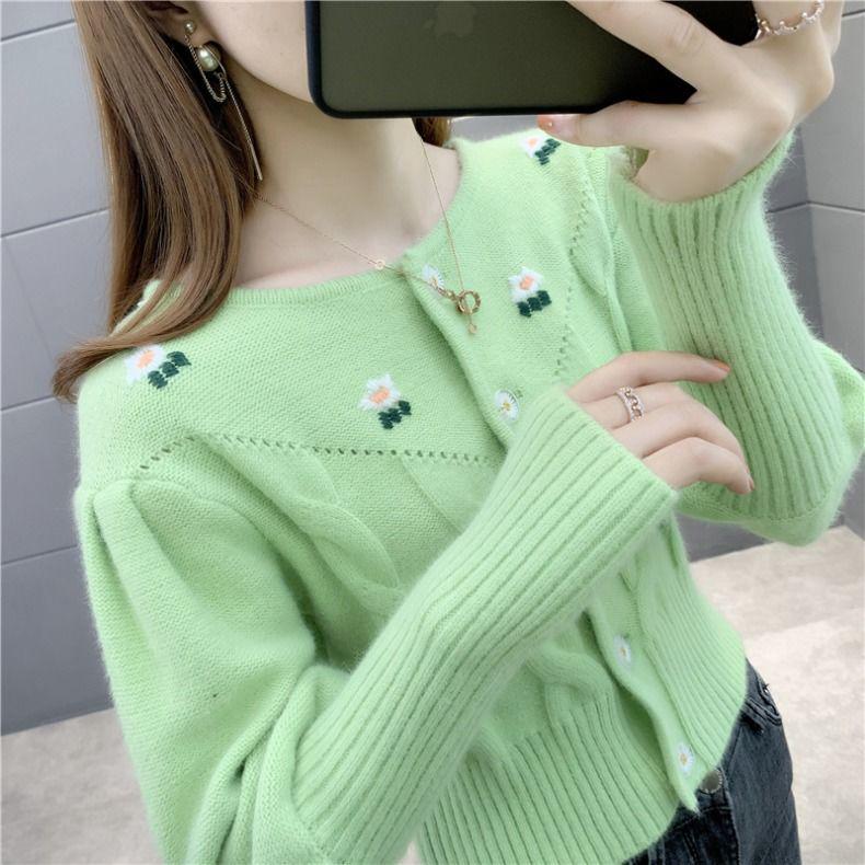 Autumn and Winter Round Neck Knitted Cardigan Students Wear Long-sleeved Tops All-match Slim Sweater Women