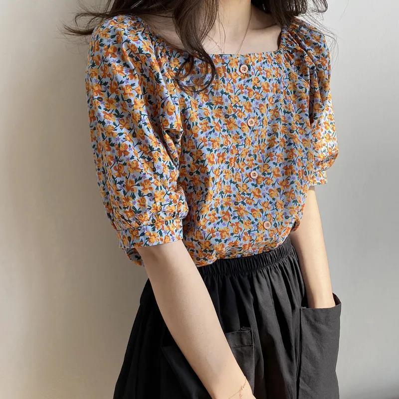 Chiffon Shirt Women's Foreign Style Small Retro Floral Cover Belly Student Top Loose Summer Korean New Short Sleeve