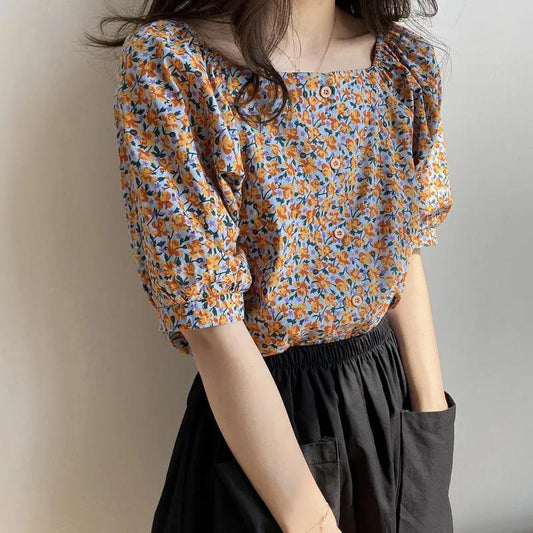Chiffon Shirt Women's Foreign Style Small Retro Floral Cover Belly Student Top Loose Summer Korean New Short Sleeve