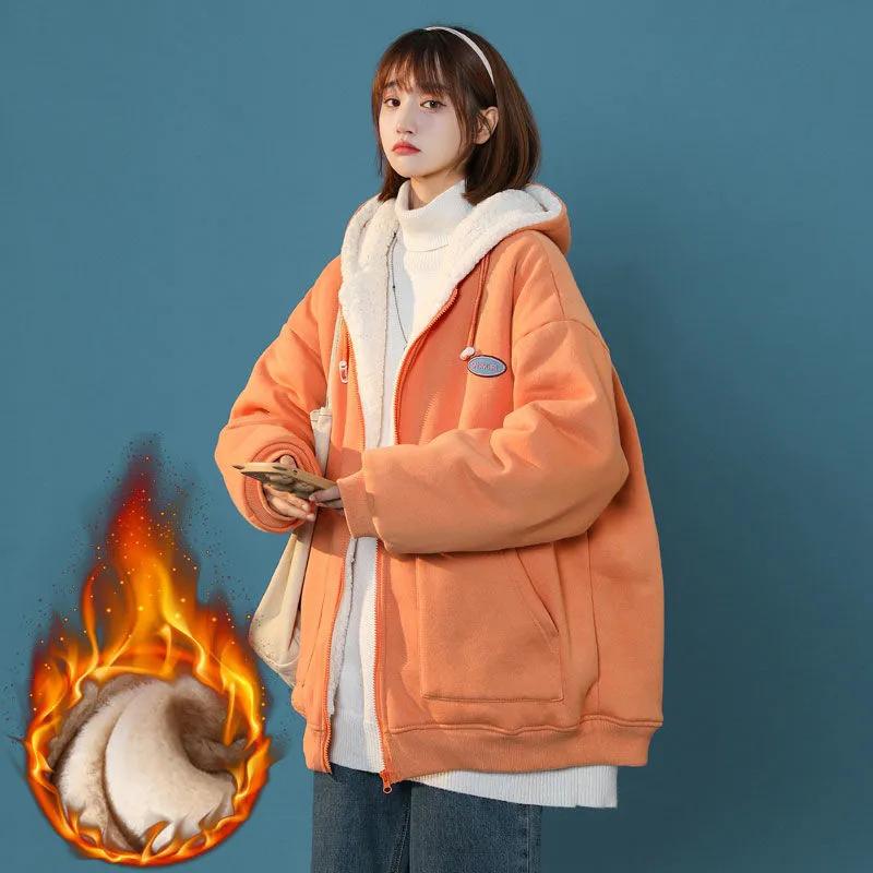 Zipper Cardigan Lamb Plush Hooded Sweater Plus Velvet Thick Winter Loose Jacket Casual Top Comfortable Sports Top Warm Cotton Clothes