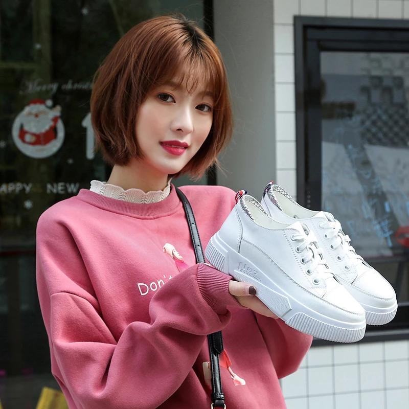 Female Leather White Shoes Spring and Summer Female Students Flat Bottom Shoes Casual Shoes White Shoes Walking Tall Shoes